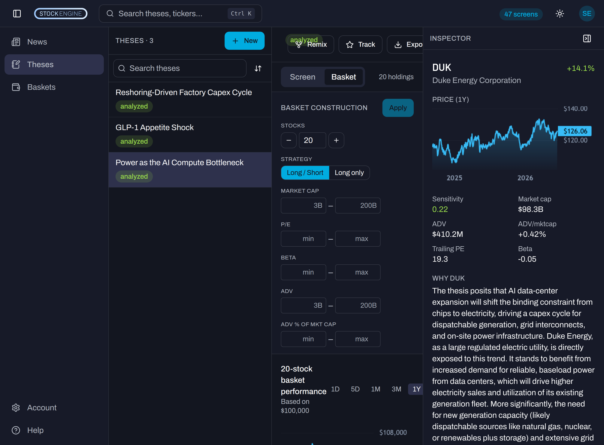 Stock Engine basket with weighted holdings and a performance chart