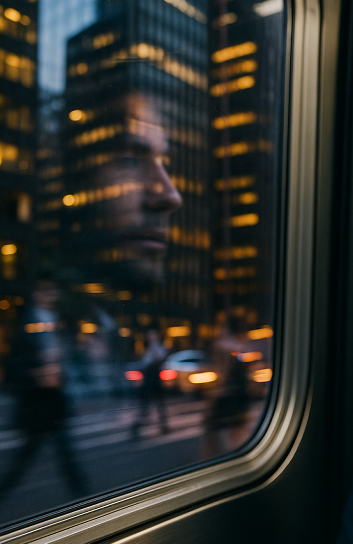 Person looking at city through train window